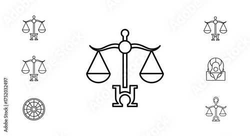 Libra zodiac sign vector icon set. Scales of justice symbol, astrology wheel, horoscope legal balance, astrological elements, law and balance, equality concept, black outline isolated illustration