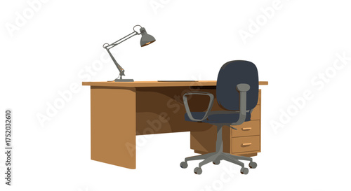 Office furniture set isolated on white background. Wooden desk, ergonomic swivel chair, and lamp. Empty workplace concept for business interior or home office. Study space.