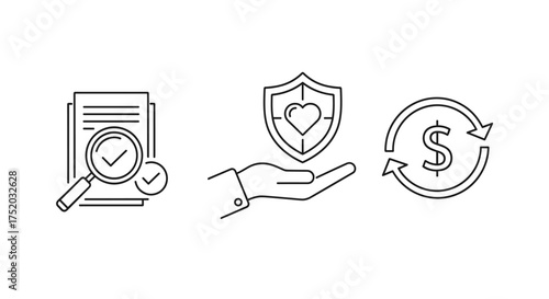 Insurance policy review and money back guarantee icon set. Health protection, financial security, and investment return concepts. Vector line art for business audit and cashback.