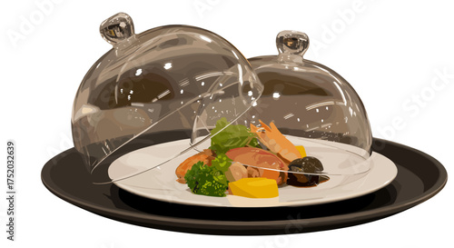 Fine dining gourmet appetizer with shrimp and vegetables under a transparent glass cloche. Luxury seafood dish presentation on a tray. Concept for a fancy restaurant menu.