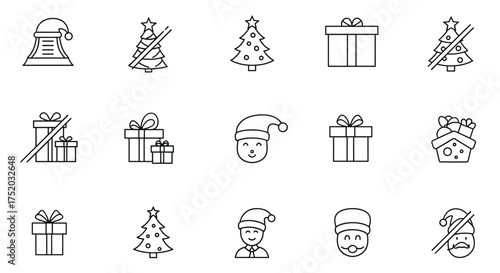 Christmas icon set with festive and anti-Christmas concepts. Line art vector graphics of Santa Claus, gift box, present, and tree for holiday celebration or cancellation themes.