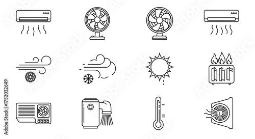 Heating and cooling line icon set. Air conditioning, ventilation, and climate control symbols. Includes fan, heater, thermometer, sun, wind, and snowflake icons.