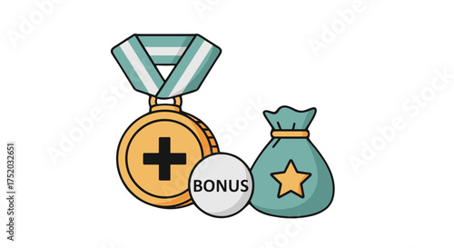 Bonus reward icon with medal and money bag. Financial incentive concept for employee recognition or loyalty program. Cash prize for achievement, success, and extra value.