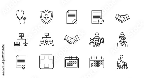 Healthcare & medical insurance icon set. Patient advocate, elder care, legal assistance & health policy symbols. Line icons for contract, senior, family & retirement planning.