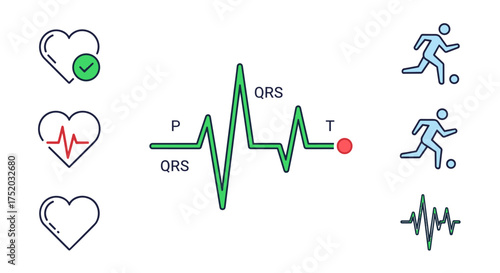 Cardiology concept with EKG, ECG waveform analysis. Heartbeat line, pulse rate for sport fitness. Medical vector icon set for health diagnosis. P, QRS, T waves graph.