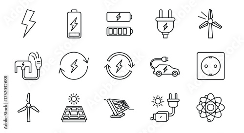 Energy power line icon set. Renewable green electricity generation. Vector symbols of solar panel, wind turbine, battery charging station, electric car and nuclear power.