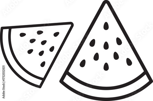 Clean and minimal black and white vector illustration of watermelon slices with seeds. Perfect for summer designs, food packaging, coloring pages, logos, and healthy lifestyle artwork.