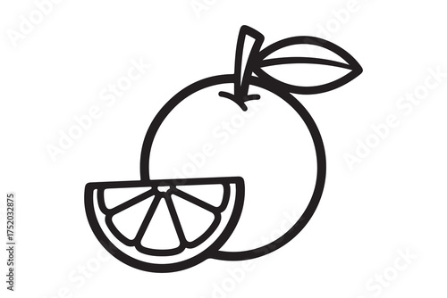 Outlined orange with a leaf alongside a separate wedge displayed on white background