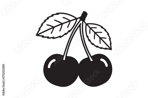 Minimal black and white cherry fruit vector design with two cherries and leaves. Perfect for logos, stickers, coloring pages, t-shirt prints, and digital artwork.