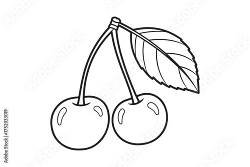 Two cherries and one leaf hang gracefully, presented in a stark monochrome outline