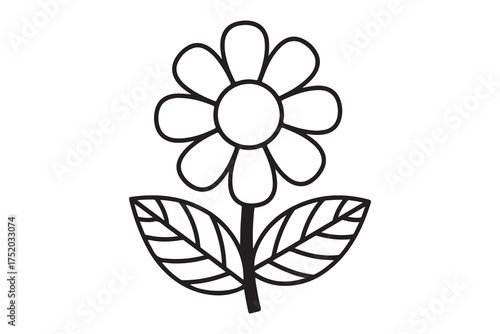 Simple daisy flower blooms with bold outlines and symmetrical leaves over a transparent backdrop