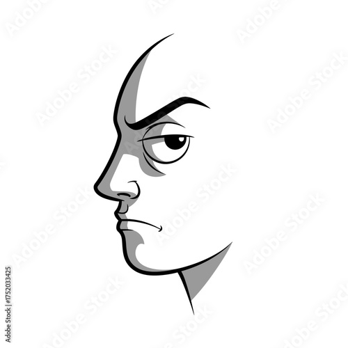 Stylized cartoon face profile with intense expression.