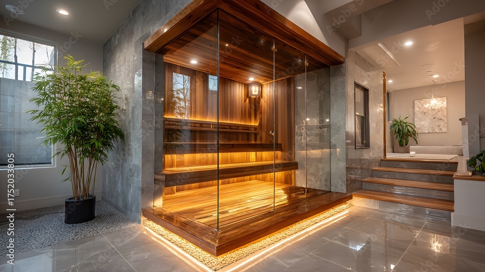 Fototapeta premium Modern home spa featuring a luxurious, glass-enclosed wooden sauna. The room has sophisticated grey tiled floors and a tranquil bamboo plant.