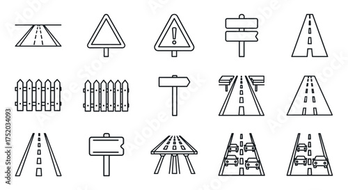 Roads and highway traffic line icon set. Vector symbols for street, journey, and transport. Collection includes car, warning sign, direction pointer, fence, and motorway signs.