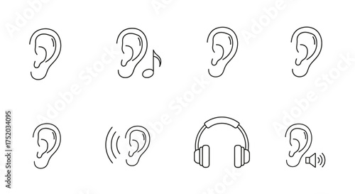 Hearing and sound line icon set. Ear, headphones, music note, volume control and audio wave symbols. Vector concepts for listening, audiology, podcasting, communication and deafness.