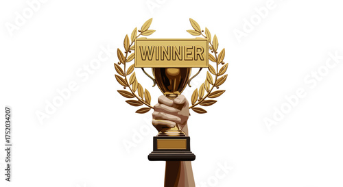 Hand holding golden winner trophy cup with laurel wreath. Symbol of victory, achievement, success. First place prize for a champion. Award for excellence, honor, celebration.