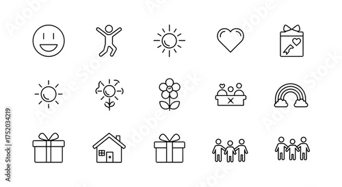 Happiness and community vector line icon set. Concepts of joy, charity, love, support, and friendship. Thin line symbols of sun, heart, gift, family, home, and rainbow.