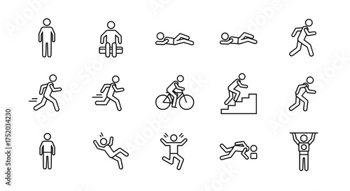 Set of stick figure people icons in different poses and actions. Pictogram of person running, walking, cycling, swimming, falling, jumping, lifting weights and climbing stairs.