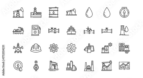 Oil industry line icon set. Petroleum production and extraction symbols. Vector icons of pumpjack, offshore rig, refinery, tanker ship, gas station, and pipeline.