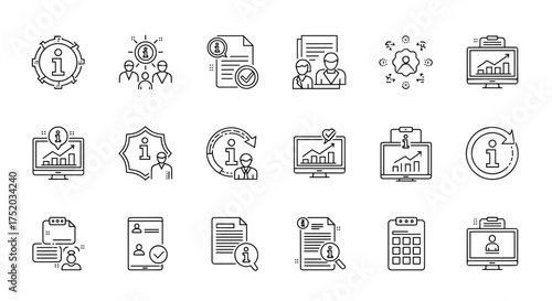 Information management and business data analytics line icon set. Concepts include user profiles, document verification, growth charts, team communication, and data security.