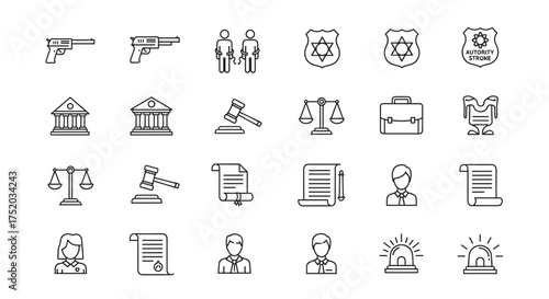 Law and justice thin line icons. Police authority, crime, and court signs. Legal symbols. Lawyer, judge, gun, courthouse, gavel, scales, badge vector illustration set.