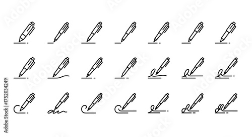 Pen icon set for writing, signing, and drawing. Thin line art vector symbols for signature, contract, and document. Edit, agreement, autograph concepts for business.