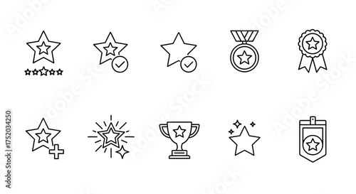 Award and reward line icon set. Star, trophy, medal and rating symbols. Vector icons for success, achievement, and winning. Quality review, favorite and best choice concepts.