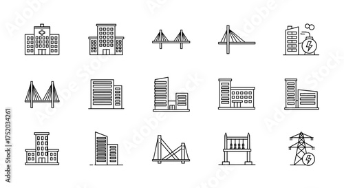 City infrastructure line icon set. Buildings, bridges, and energy sector elements. Vector collection of hospital, factory, power plant, and substation outline symbols.