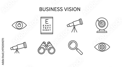 Business vision and strategy icon set. Concepts of foresight, mission, goals, and future direction. Vector icons for planning, analysis, research, and observation.