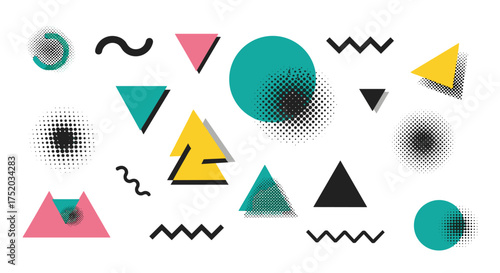 Set of neo memphis style graphic elements. Abstract design background with geometric shapes and halftone dots. Trendy 80s 90s retro vector objects for poster or pattern.