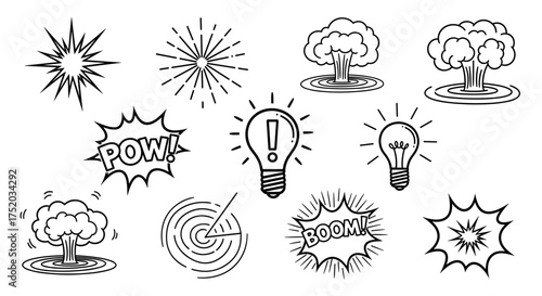 Collection of hand drawn doodle elements. Comic book speech bubbles BOOM, POW, explosion, nuclear bomb, lightbulb idea, radar icon. Set of vector line art symbols.