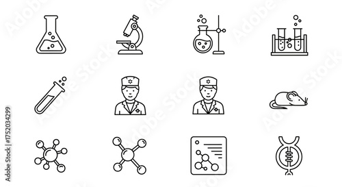 Science and chemistry research line icon set. Laboratory equipment vector collection. Scientist, microscope, flask, test tube, molecule, and lab mouse for animal testing concept.