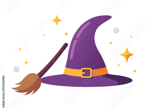 Vector art of a witch hat with a broom is displayed in the image