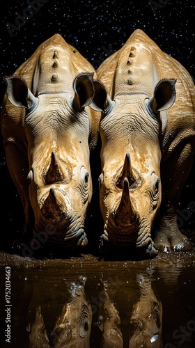 Two rhinos drinking water, reflected in the puddle, black background