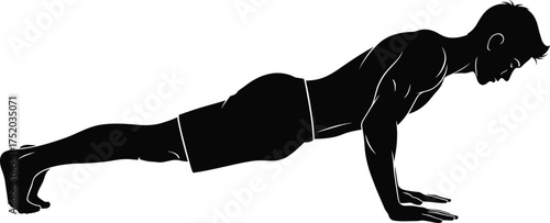 Push-up exercise silhouette, male workout posture, fitness training vector, bodyweight strength, plank position, gym routine, healthy lifestyle, flat vector illustration