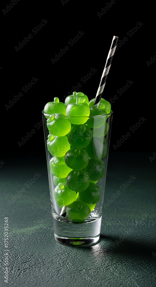 Obraz premium Tall glass filled with green, apple-shaped gelatin candies, black-white striped straw, on dark green surface, symbolizes refreshment, treat, sweets, dessert