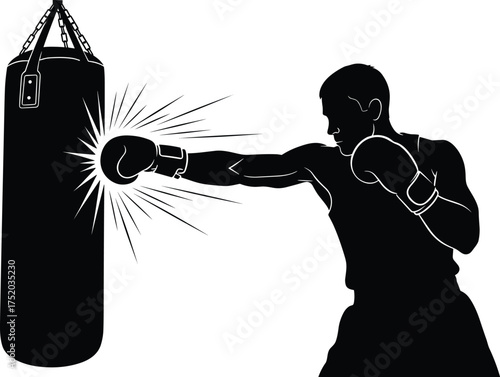 Boxing silhouette punch, athlete training vector, heavy bag impact, fitness workout pose, combat sport illustration, strength exercise, flat vector illustration