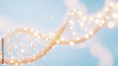 Bright and intricate DNA helix shines against a soft blue background, symbolizing genetics and life science.