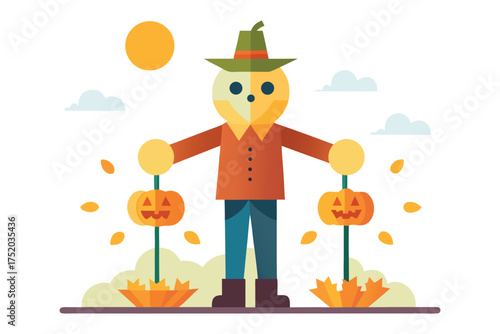 Vector art of a scarecrow with pumpkins, a symbol of autumn harvest