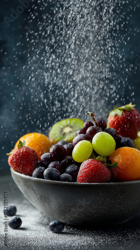 Colorful bowl of mixed fresh fruits with sugar sprinkled on top
