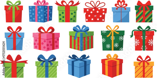 Vector art of a collection of colorful gift boxes with ribbons and bows, perfect for holiday celebrations and special occasions