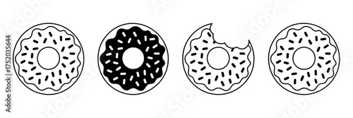 Four simple donut graphics in outline and filled styles with sprinkles