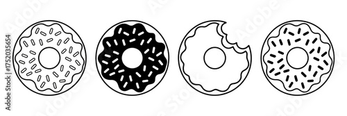 Four minimalist black and white drawings of frosted doughnuts one is partially eaten