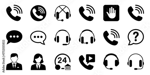 Collection of communication and support icons featuring phones headphones and chat bubbles