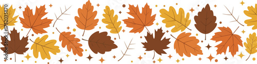 Vector art of seamless pattern of autumn maple and oak leaves in warm colors