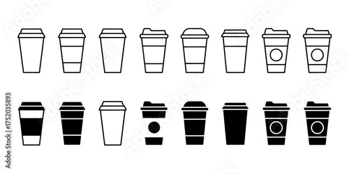 Collection of 15 minimalist coffee cup icons simple outline and filled designs for hot beverages