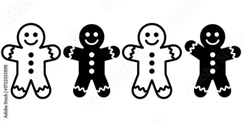 Four gingerbread men cookies alternate black and white festive fun ready for christmas baking joy