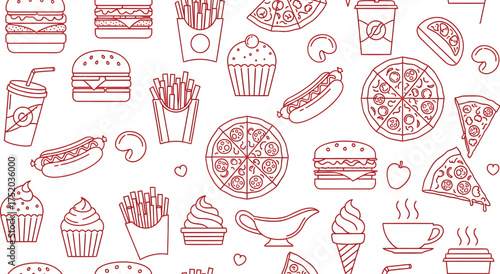 Vector art of seamless pattern of fast food icons, including burgers, pizzas, fries, cupcakes, and drinks, isolated on a