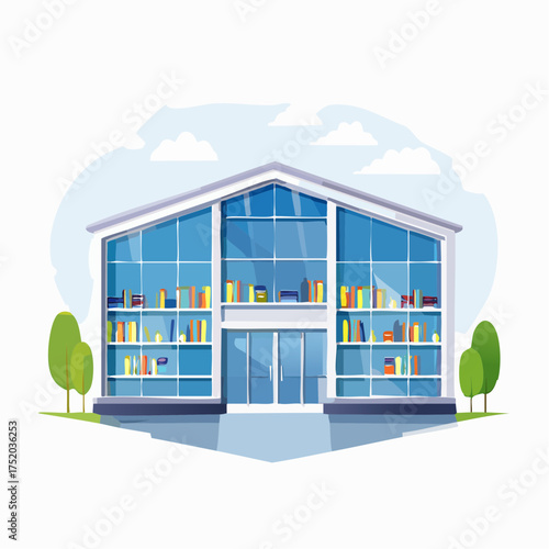 Modern Library Exterior with Glass Facade and Gable Roof Under Cloudy Sky Illustration