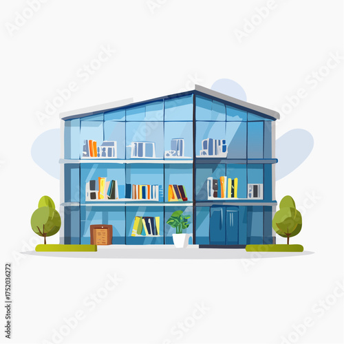 Modern Two Story Office Building with Glass Facade and Bookshelf Interior in Daytime with Green Trees and White Background